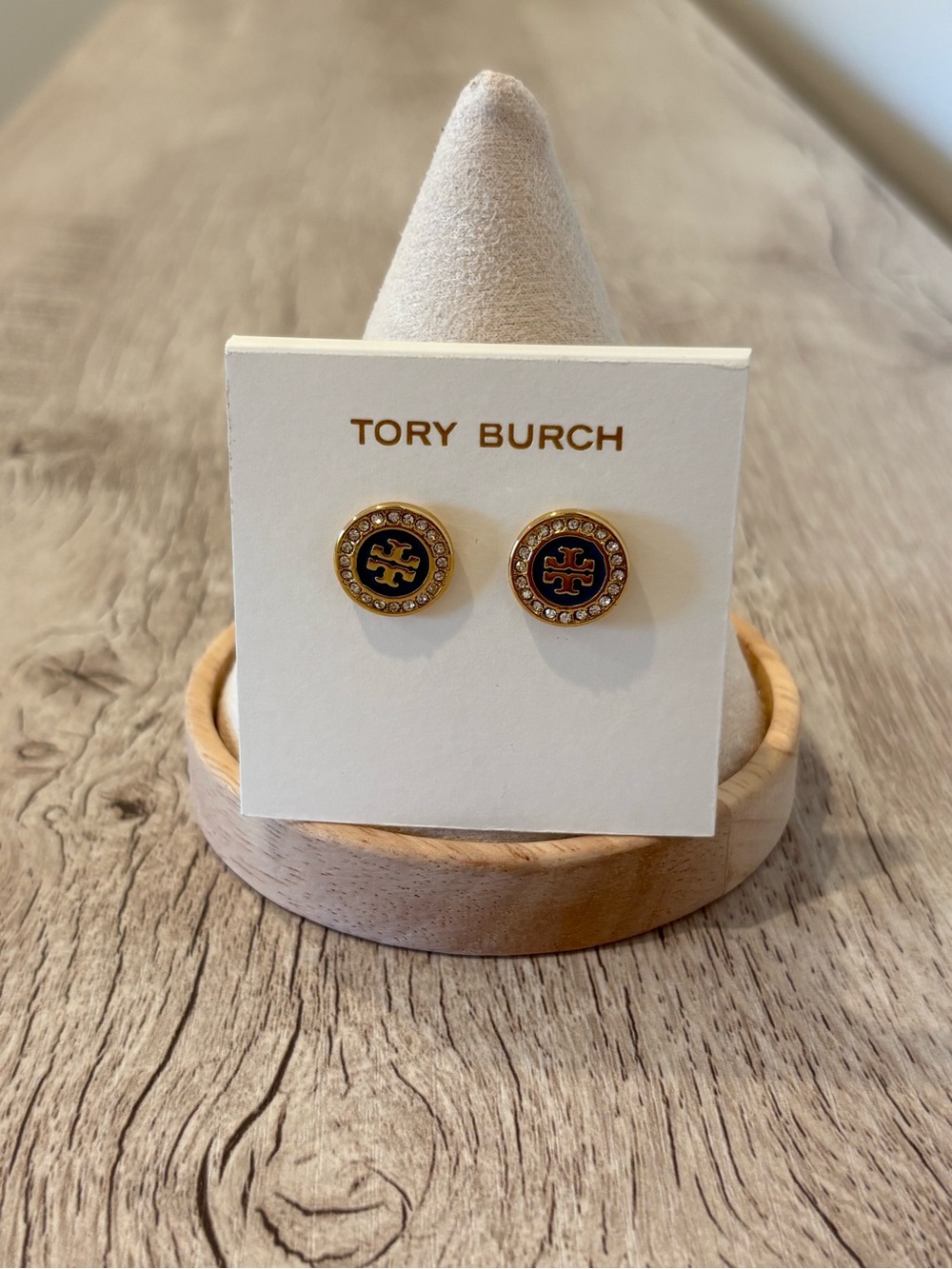 Tory Burch Gold and Blue Enamel Logo Crystal Stud Earrings